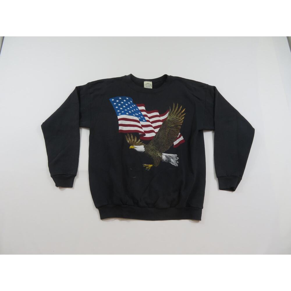 Bald Eagle Flying American Flag Black Sweatshirt Sz L 1990s